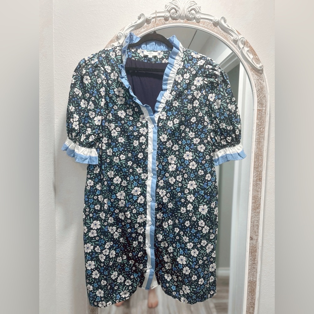 Navy Floral Ruffle Button-Up Top with Sky Blue Trim